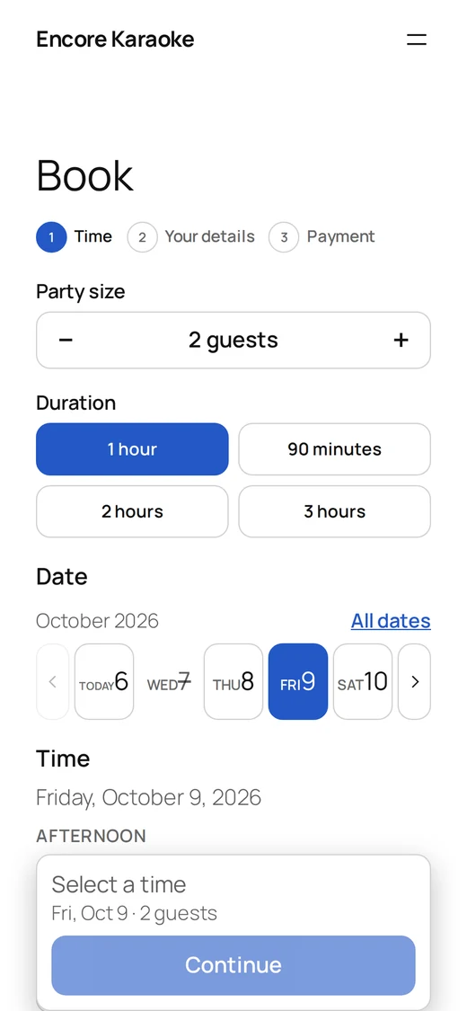 The booking page on a phone: party size, duration and date