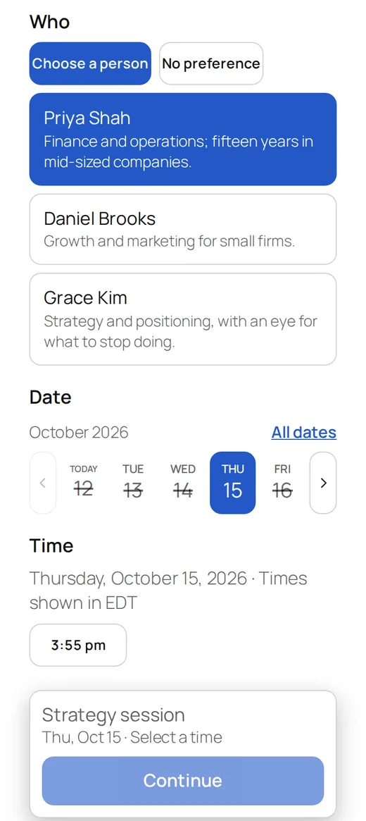 The booking page on a phone: choosing a consultant, a date and a time