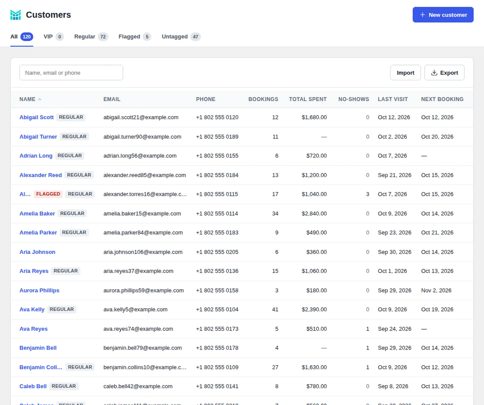 The Customers list with bookings, total spent, no-shows, last visit, next booking and tags