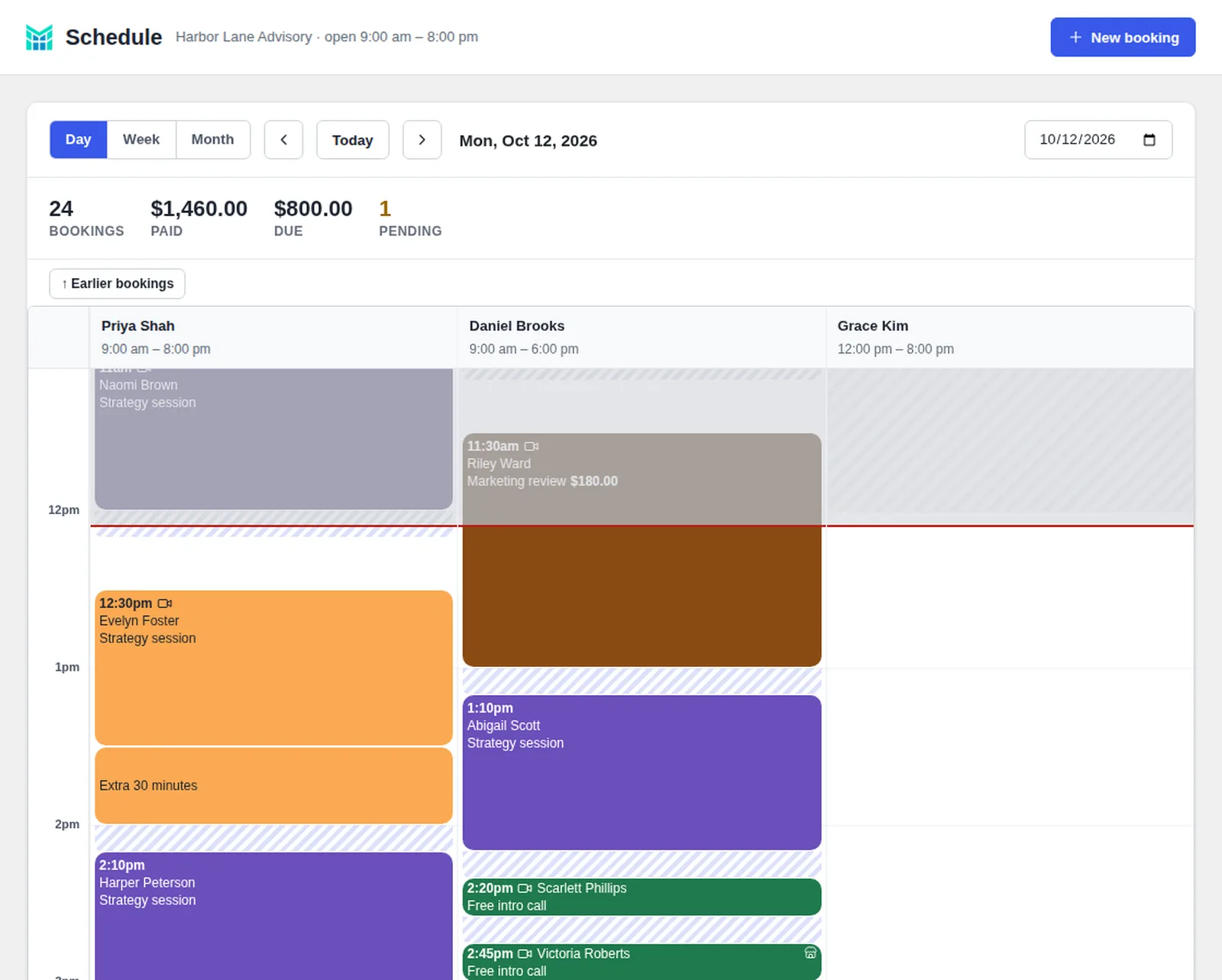 The day view of a consulting firm: one column for each of three consultants, with their bookings placed on their own time