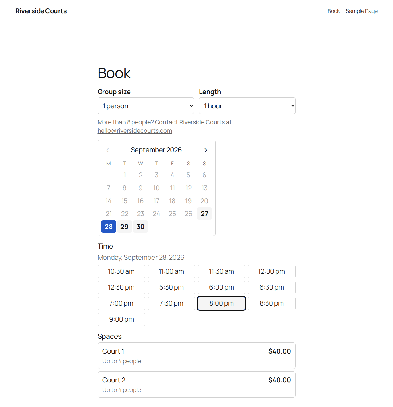 The booking page